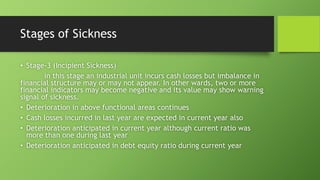 Stages of Sickness
• Stage-3 (Incipient Sickness)
in this stage an industrial unit incurs cash losses but imbalance in
financial structure may or may not appear. In other wards, two or more
financial indicators may become negative and its value may show warning
signal of sickness.
• Deterioration in above functional areas continues
• Cash losses incurred in last year are expected in current year also
• Deterioration anticipated in current year although current ratio was
more than one during last year
• Deterioration anticipated in debt equity ratio during current year
 