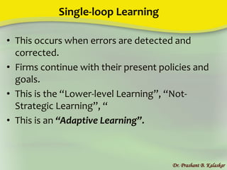 Single-loop Learning
• This occurs when errors are detected and
corrected.
• Firms continue with their present policies and
goals.
• This is the “Lower-level Learning”, “Not-
Strategic Learning”, “
• This is an “Adaptive Learning”.
Dr. Prashant B. Kalaskar
 