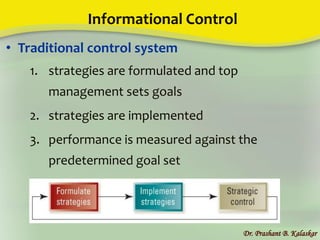 Informational Control
• Traditional control system
1. strategies are formulated and top
management sets goals
2. strategies are implemented
3. performance is measured against the
predetermined goal set
Dr. Prashant B. Kalaskar
 