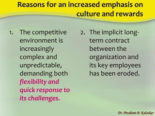 Reasons for an increased emphasis on
culture and rewards
Dr. Prashant B. Kalaskar
1. The competitive
environment is
increasingly
complex and
unpredictable,
demanding both
flexibility and
quick response to
its challenges.
2. The implicit long-
term contract
between the
organization and
its key employees
has been eroded.
 