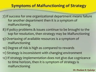 Symptoms of Malfunctioning of Strategy
7) If success for one organizational department means failure
for another department then it is a symptom of
malfunctioning.
8) If policy problems & issues continue to be brought to the
top for resolution, then strategy may be Malfunctioning
9) Overtaxing of available resources is a symptom of
malfunctioning
10) Degree of risk is high as compared to rewards
11) Strategy is inconsistent with changing environment
12) If strategy implementation does not give due cognizance
to time horizon, then it is symptom of strategy is
malfunctioning
Dr. Prashant B. Kalaskar
 