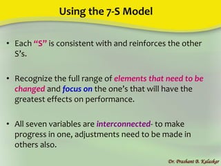 Using the 7-S Model
• Each “S” is consistent with and reinforces the other
S’s.
• Recognize the full range of elements that need to be
changed and focus on the one’s that will have the
greatest effects on performance.
• All seven variables are interconnected- to make
progress in one, adjustments need to be made in
others also.
Dr. Prashant B. Kalaskar
 