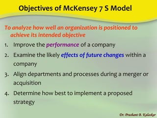 Objectives of McKensey 7 S Model
To analyze how well an organization is positioned to
achieve its intended objective
1. Improve the performance of a company
2. Examine the likely effects of future changes within a
company
3. Align departments and processes during a merger or
acquisition
4. Determine how best to implement a proposed
strategy
Dr. Prashant B. Kalaskar
 