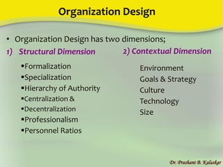 Organization Design
• Organization Design has two dimensions;
1) Structural Dimension
Dr. Prashant B. Kalaskar
2) Contextual Dimension
Formalization
Specialization
Hierarchy of Authority
Centralization &
Decentralization
Professionalism
Personnel Ratios
Environment
Goals & Strategy
Culture
Technology
Size
 