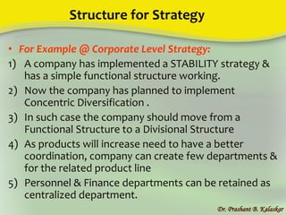 Structure for Strategy
• For Example @ Corporate Level Strategy:
1) A company has implemented a STABILITY strategy &
has a simple functional structure working.
2) Now the company has planned to implement
Concentric Diversification .
3) In such case the company should move from a
Functional Structure to a Divisional Structure
4) As products will increase need to have a better
coordination, company can create few departments &
for the related product line
5) Personnel & Finance departments can be retained as
centralized department.
Dr. Prashant B. Kalaskar
 