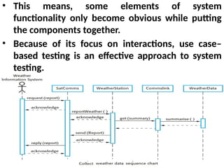 • This means, some elements of system
functionality only become obvious while putting
the components together.
• Because of its focus on interactions, use case–
based testing is an effective approach to system
testing.
 