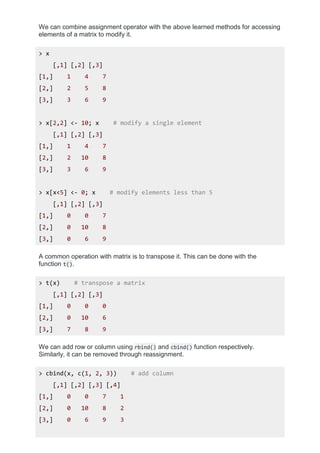 We can combine assignment operator with the above learned methods for accessing
elements of a matrix to modify it.
> x
[,1] [,2] [,3]
[1,] 1 4 7
[2,] 2 5 8
[3,] 3 6 9
> x[2,2] <- 10; x # modify a single element
[,1] [,2] [,3]
[1,] 1 4 7
[2,] 2 10 8
[3,] 3 6 9
> x[x<5] <- 0; x # modify elements less than 5
[,1] [,2] [,3]
[1,] 0 0 7
[2,] 0 10 8
[3,] 0 6 9
A common operation with matrix is to transpose it. This can be done with the
function t().
> t(x) # transpose a matrix
[,1] [,2] [,3]
[1,] 0 0 0
[2,] 0 10 6
[3,] 7 8 9
We can add row or column using rbind() and cbind() function respectively.
Similarly, it can be removed through reassignment.
> cbind(x, c(1, 2, 3)) # add column
[,1] [,2] [,3] [,4]
[1,] 0 0 7 1
[2,] 0 10 8 2
[3,] 0 6 9 3
 