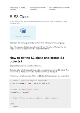 Follows copy-on-modify
semantics
Follows copy-on-modify
semantics
Does not follow copy-on-modify
semantics
R S3 Class
In this article, you will learn to work with S3 classes (one of the three class
systems in R).
S3 class is the most popular and prevalent class in R programming language.
Most of the classes that come predefined in R are of this type. The fact that it is
simple and easy to implement is the reason behind this.
How to define S3 class and create S3
objects?
S3 class has no formal, predefined definition.
Basically, a list with its class attribute set to some class name, is an S3 object. The
components of the list become the member variables of the object.
Following is a simple example of how an S3 object of class student can be created.
> # create a list with required components
> s <- list(name = "John", age = 21, GPA = 3.5)
> # name the class appropriately
> class(s) <- "student"
> # That's it! we now have an object of class "student"
> s
$name
[1] "John"
 