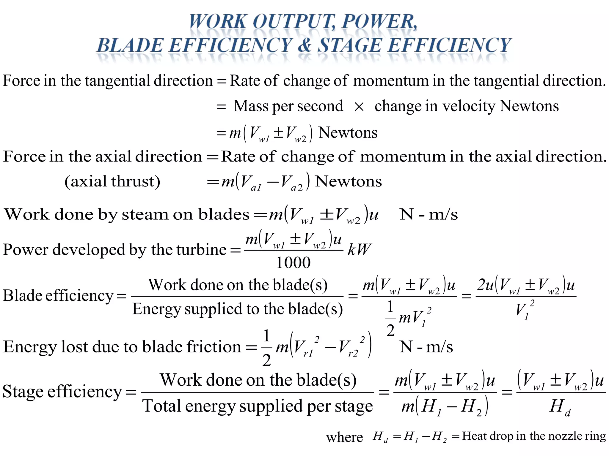 Force in the tangential direction Rate of change of momentum in the tangential direction.
Mass per second change in velocity Newtons
=
= ×
( )2 Newtonsw1 wm V V= ±
( ) Newtonsthrust)(axial
direction.axialin themomentumofchangeofRatedirectionaxialin theForce
2aa1 VVm −=
=
( ) m/s-NbladesonsteambydoneWork 2 uVVm ww1 ±=
( ) kW
uVVm ww1
1000
turbineby thedevelopedPower 2±
=
( ) ( )
2
1
ww1
2
1
ww1
V
uVV2u
mV
uVVm 22
2
1blade(s)thetosuppliedEnergy
blade(s)on thedoneWork
efficiencyBlade
±
=
±
==
( ) m/s-N
2
1
frictionbladetoduelostEnergy
2
r2
2
r1 VVm −=
( )
( )
( )
d
ww1
1
ww1
H
uVV
HHm
uVVm 2
2
2
stagepersuppliedenergyTotal
blade(s)on thedoneWork
efficiencyStage
±
=
−
±
==
ringnozzlein thedropHeat=−= 21d HHHwhere
 