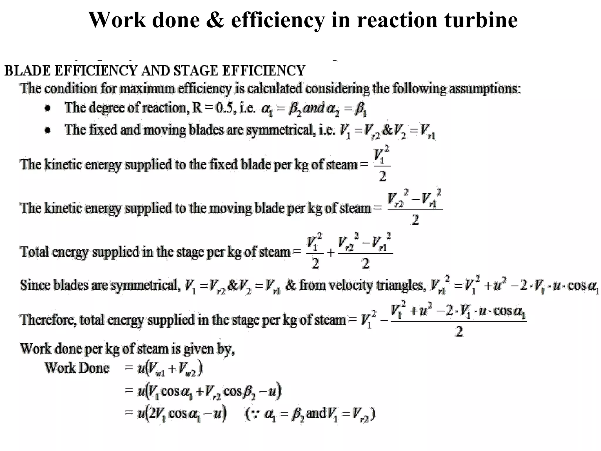Work done & efficiency in reaction turbine
 