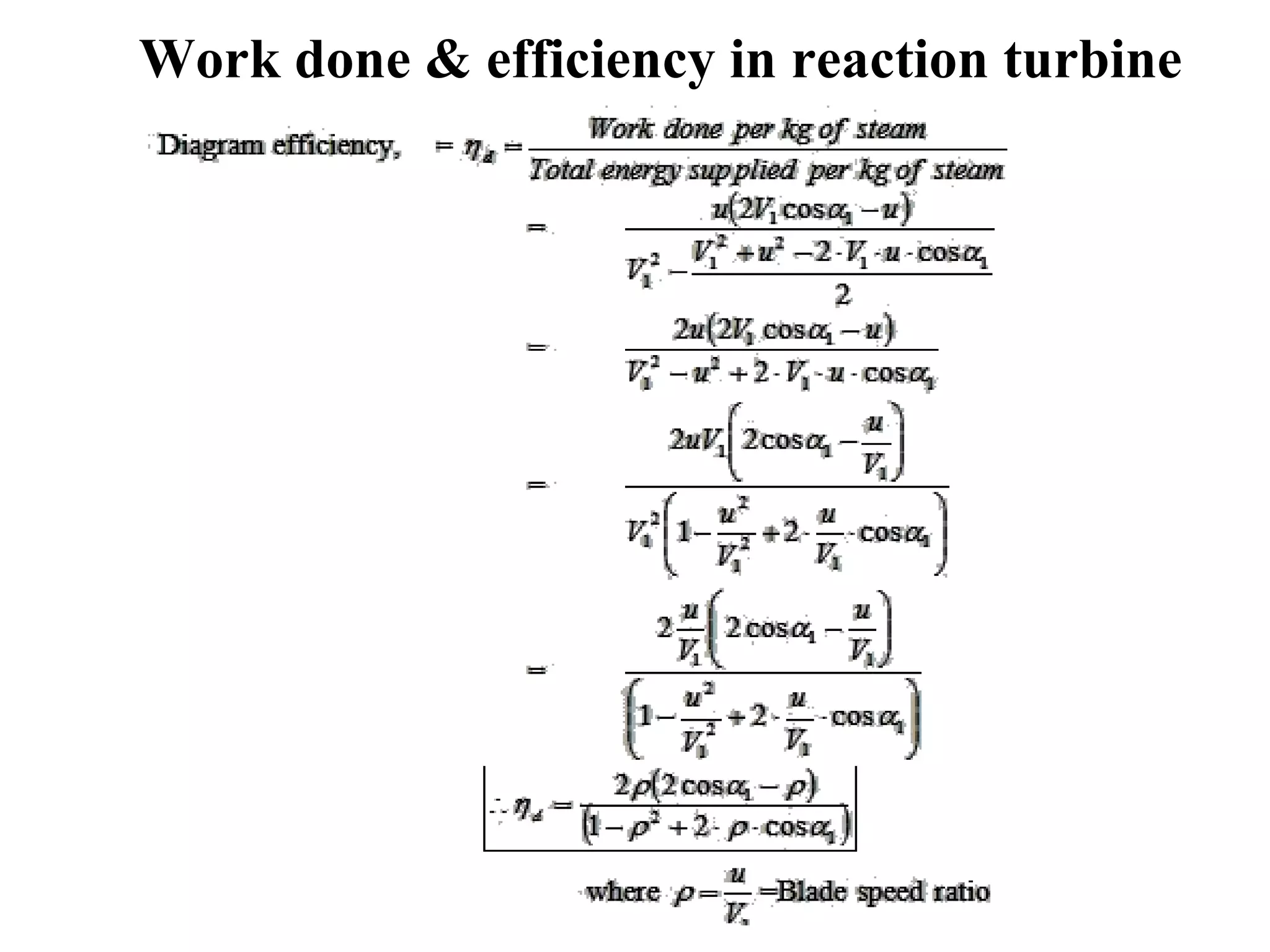 Work done & efficiency in reaction turbine
 