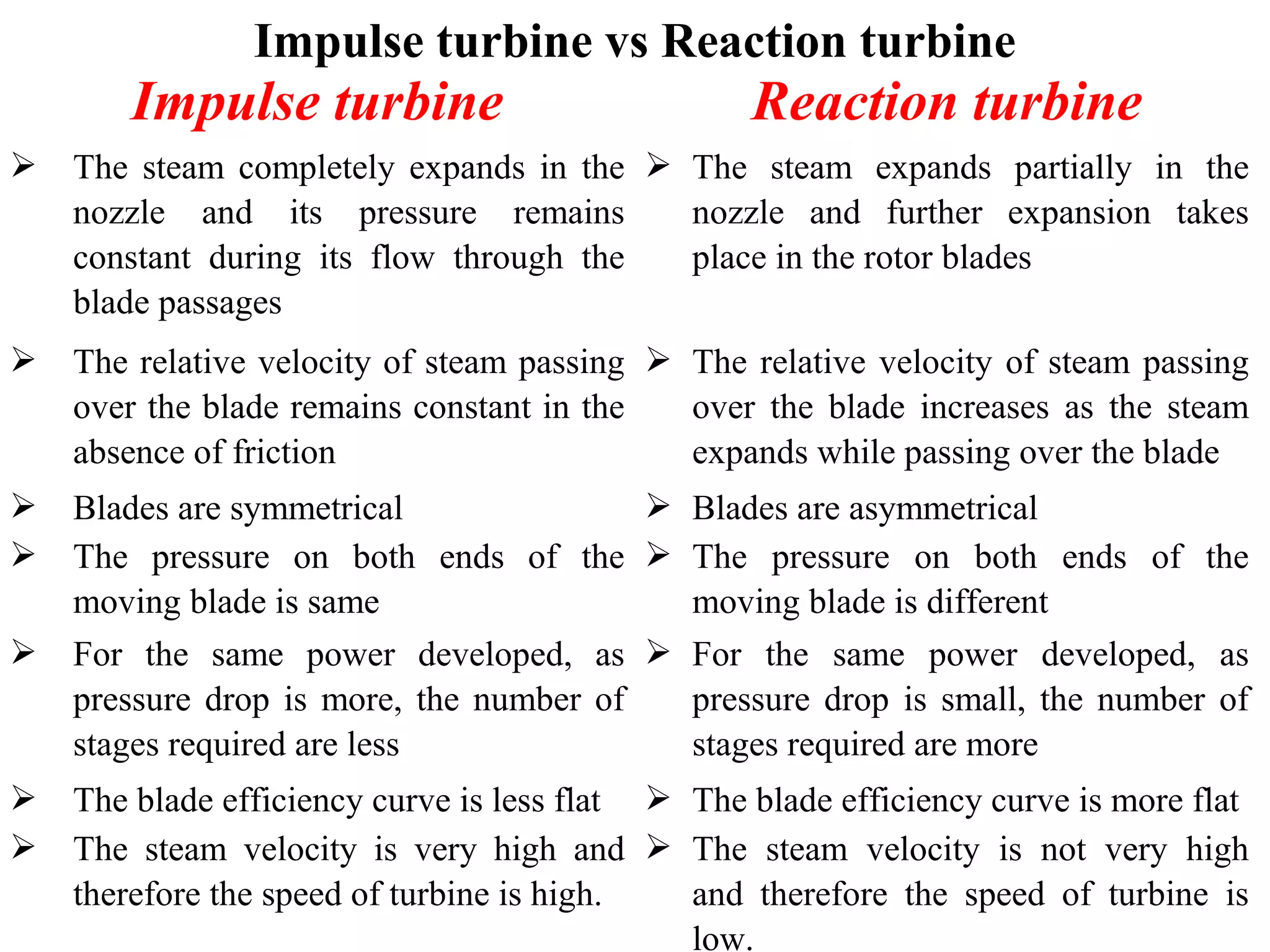 Impulse turbine vs Reaction turbine
Impulse turbine Reaction turbine
 The steam completely expands in the
nozzle and its pressure remains
constant during its flow through the
blade passages
 The steam expands partially in the
nozzle and further expansion takes
place in the rotor blades
 The relative velocity of steam passing
over the blade remains constant in the
absence of friction
 The relative velocity of steam passing
over the blade increases as the steam
expands while passing over the blade
 Blades are symmetrical  Blades are asymmetrical
 The pressure on both ends of the
moving blade is same
 The pressure on both ends of the
moving blade is different
 For the same power developed, as
pressure drop is more, the number of
stages required are less
 For the same power developed, as
pressure drop is small, the number of
stages required are more
 The blade efficiency curve is less flat  The blade efficiency curve is more flat
 The steam velocity is very high and
therefore the speed of turbine is high.
 The steam velocity is not very high
and therefore the speed of turbine is
low.
 