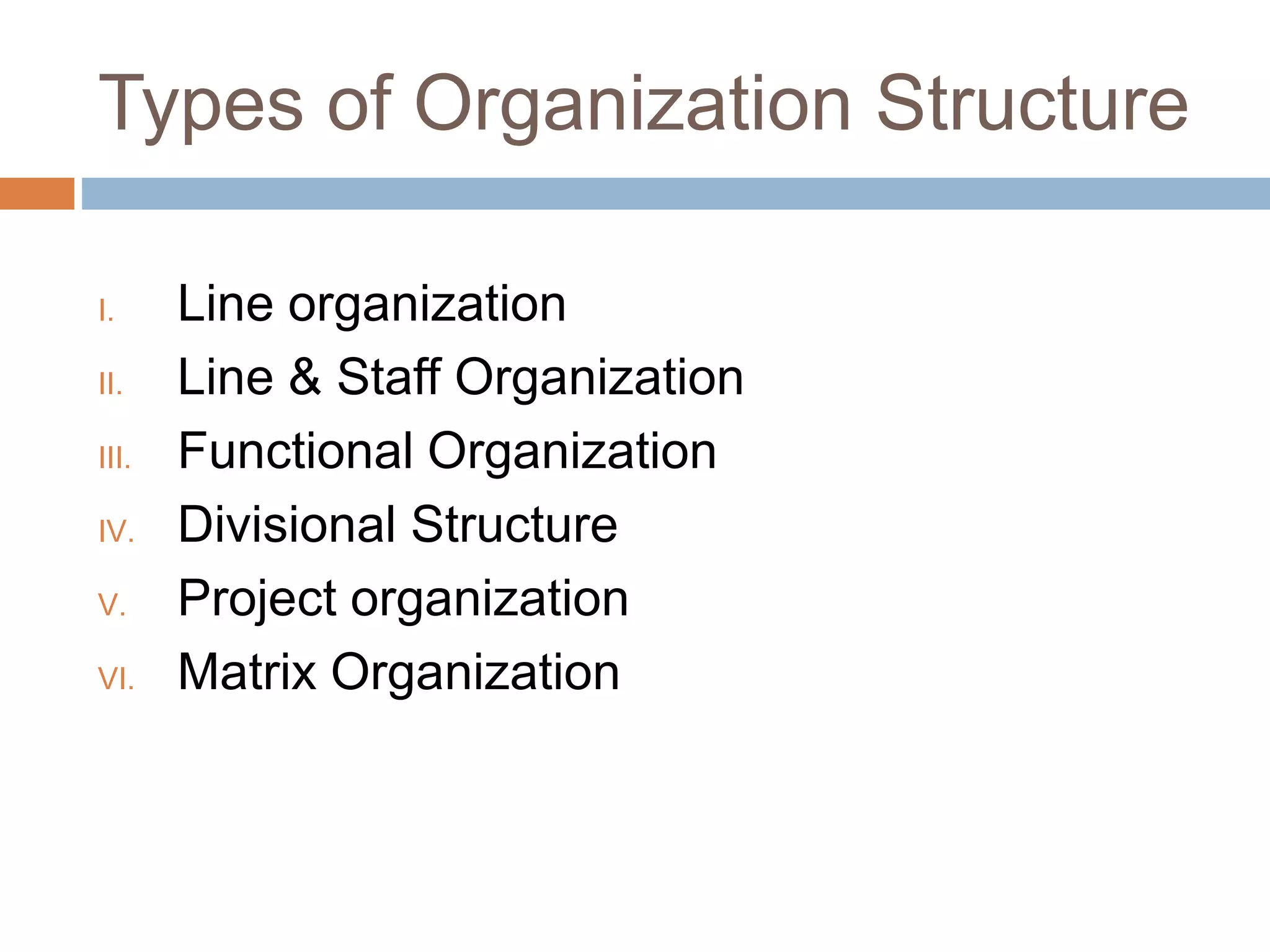 Types of Organization Structure
I. Line organization
II. Line & Staff Organization
III. Functional Organization
IV. Divisional Structure
V. Project organization
VI. Matrix Organization
 