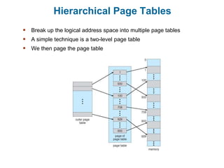 Hierarchical Page Tables
 Break up the logical address space into multiple page tables
 A simple technique is a two-level page table
 We then page the page table
 