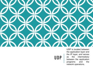 UDP
UDP is located between
the application layer and
the IP layer, and serves
as the intermediary
between the application
programs and the
network operations.
 