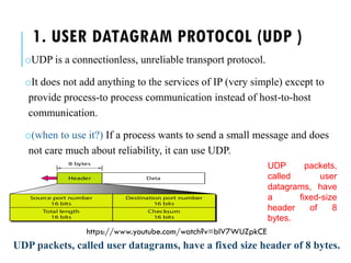 1. USER DATAGRAM PROTOCOL (UDP )
oUDP is a connectionless, unreliable transport protocol.
oIt does not add anything to the services of IP (very simple) except to
provide process-to process communication instead of host-to-host
communication.
o(when to use it?) If a process wants to send a small message and does
not care much about reliability, it can use UDP.
UDP packets, called user datagrams, have a fixed size header of 8 bytes.
https://www.youtube.com/watch?v=blV7WUZpkCE
UDP packets,
called user
datagrams, have
a fixed-size
header of 8
bytes.
 