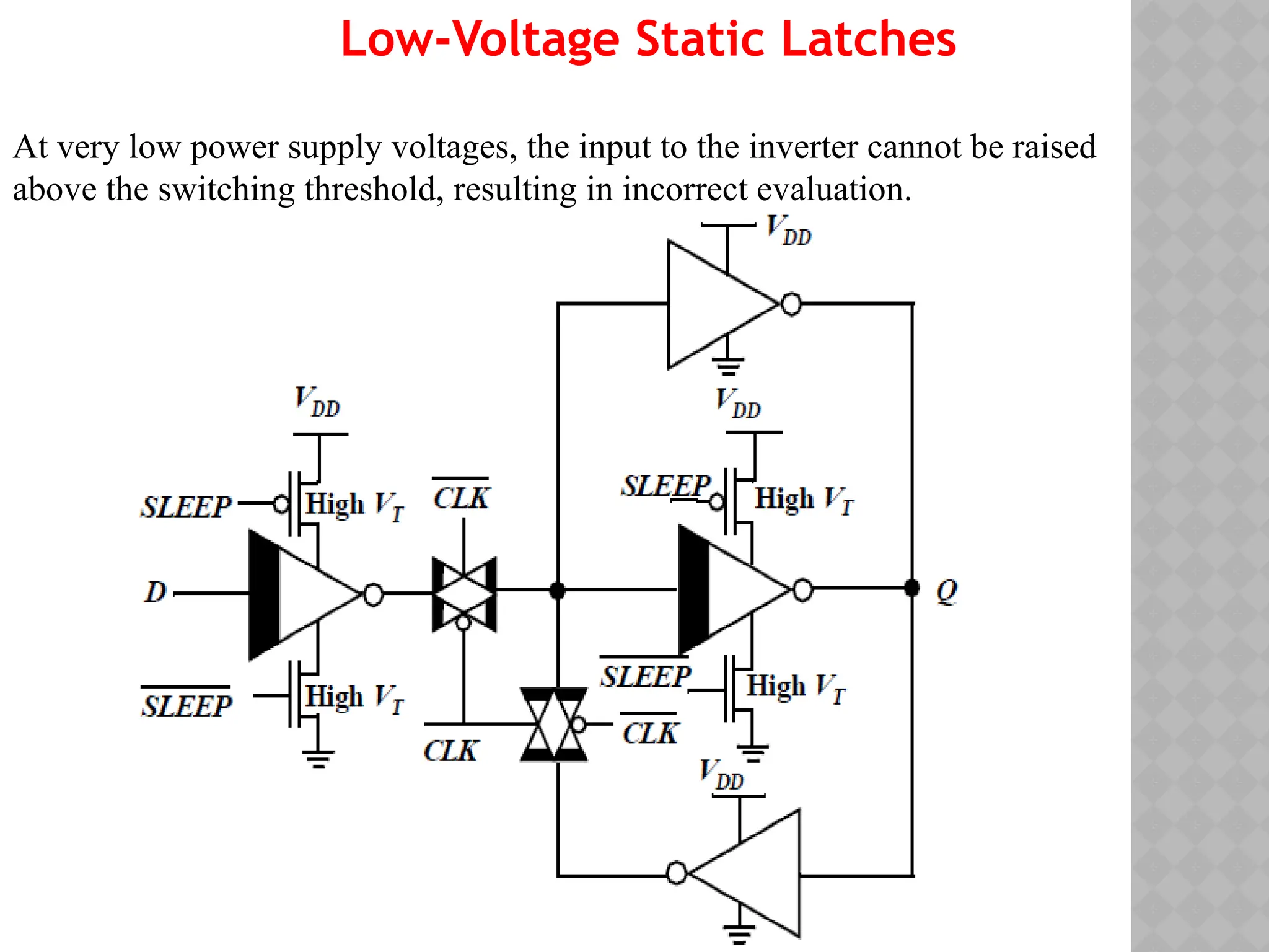 Low-Voltage Static Latches
At very low power supply voltages, the input to the inverter cannot be raised
above the switching threshold, resulting in incorrect evaluation.
 