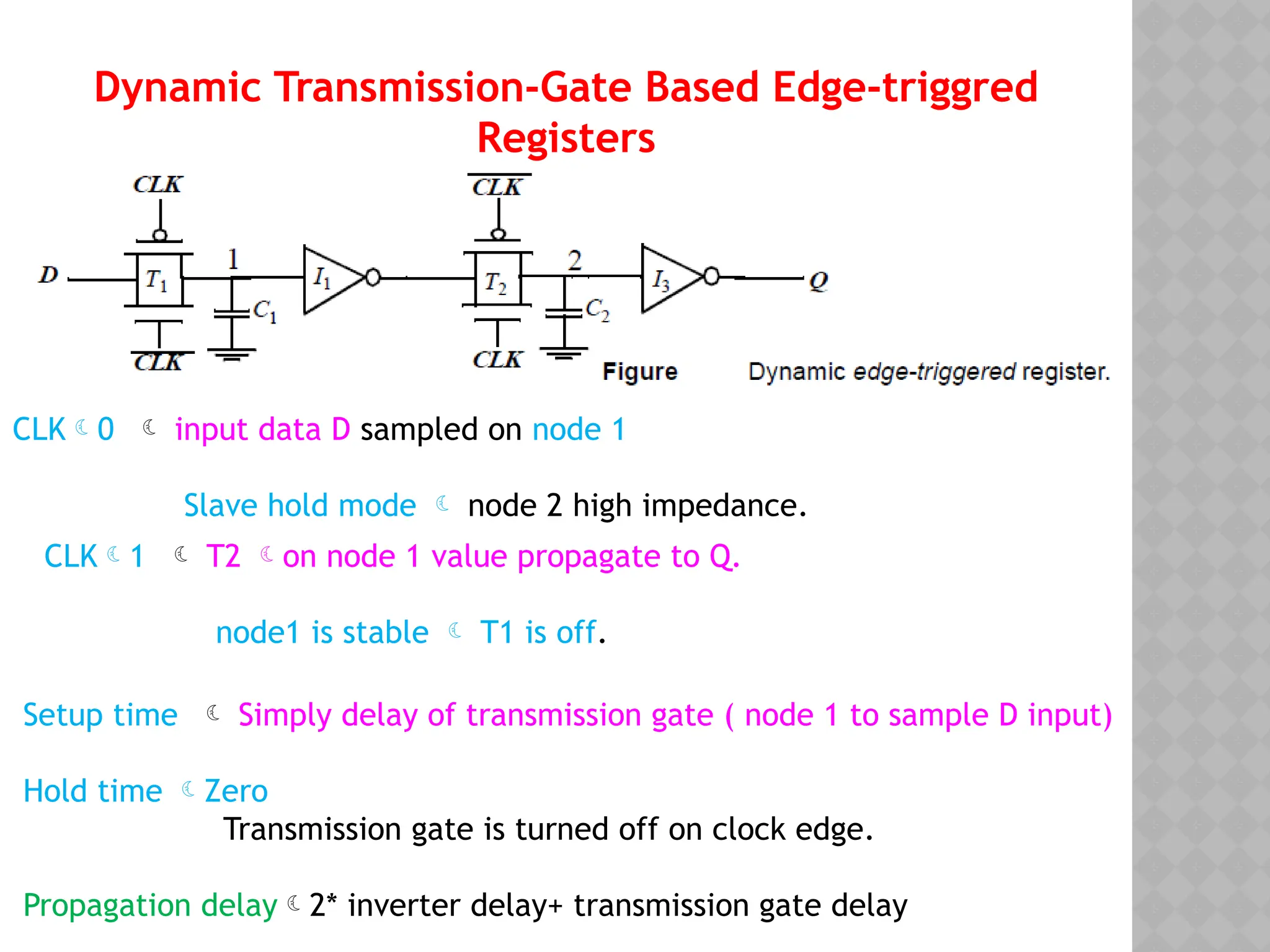 Dynamic Transmission-Gate Based Edge-triggred
Registers
CLK0  input data D sampled on node 1
Slave hold mode  node 2 high impedance.
CLK1  T2 on node 1 value propagate to Q.
node1 is stable  T1 is off.
Setup time  Simply delay of transmission gate ( node 1 to sample D input)
Hold time Zero
Transmission gate is turned off on clock edge.
Propagation delay2* inverter delay+ transmission gate delay
 