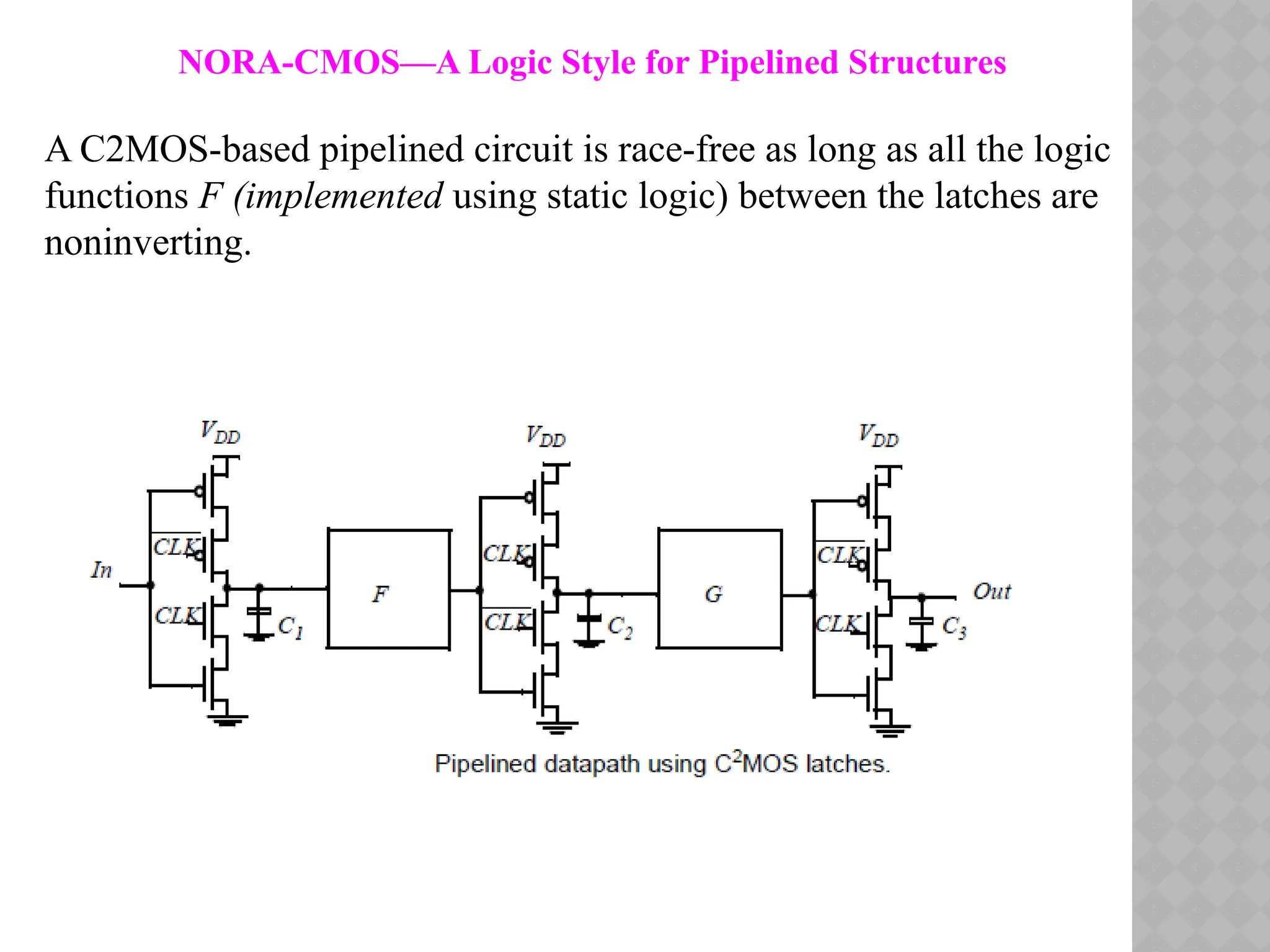 NORA-CMOS—A Logic Style for Pipelined Structures
A C2MOS-based pipelined circuit is race-free as long as all the logic
functions F (implemented using static logic) between the latches are
noninverting.
 