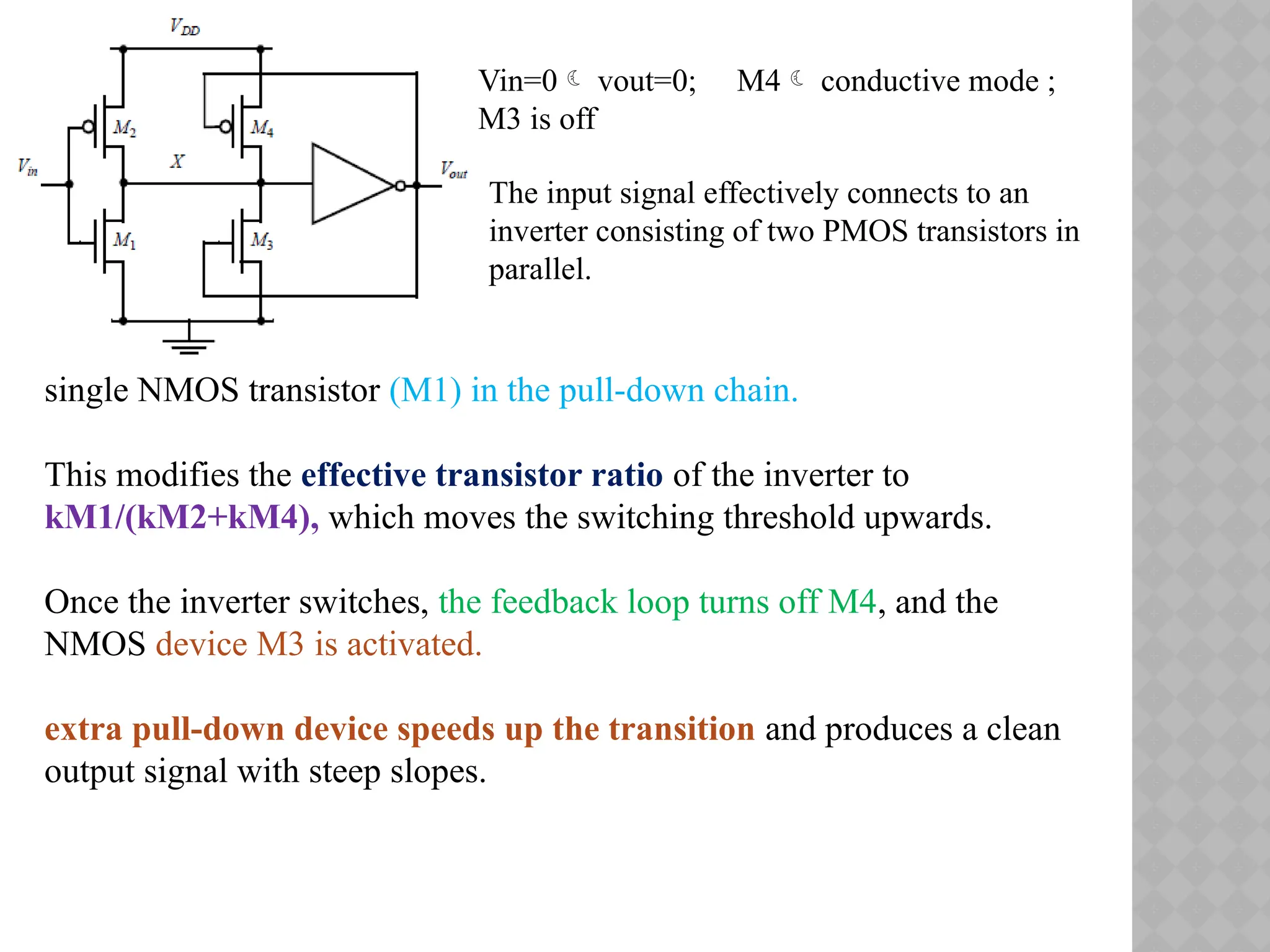 single NMOS transistor (M1) in the pull-down chain.
This modifies the effective transistor ratio of the inverter to
kM1/(kM2+kM4), which moves the switching threshold upwards.
Once the inverter switches, the feedback loop turns off M4, and the
NMOS device M3 is activated.
extra pull-down device speeds up the transition and produces a clean
output signal with steep slopes.
Vin=0 vout=0; M4 conductive mode ;
M3 is off
The input signal effectively connects to an
inverter consisting of two PMOS transistors in
parallel.
 