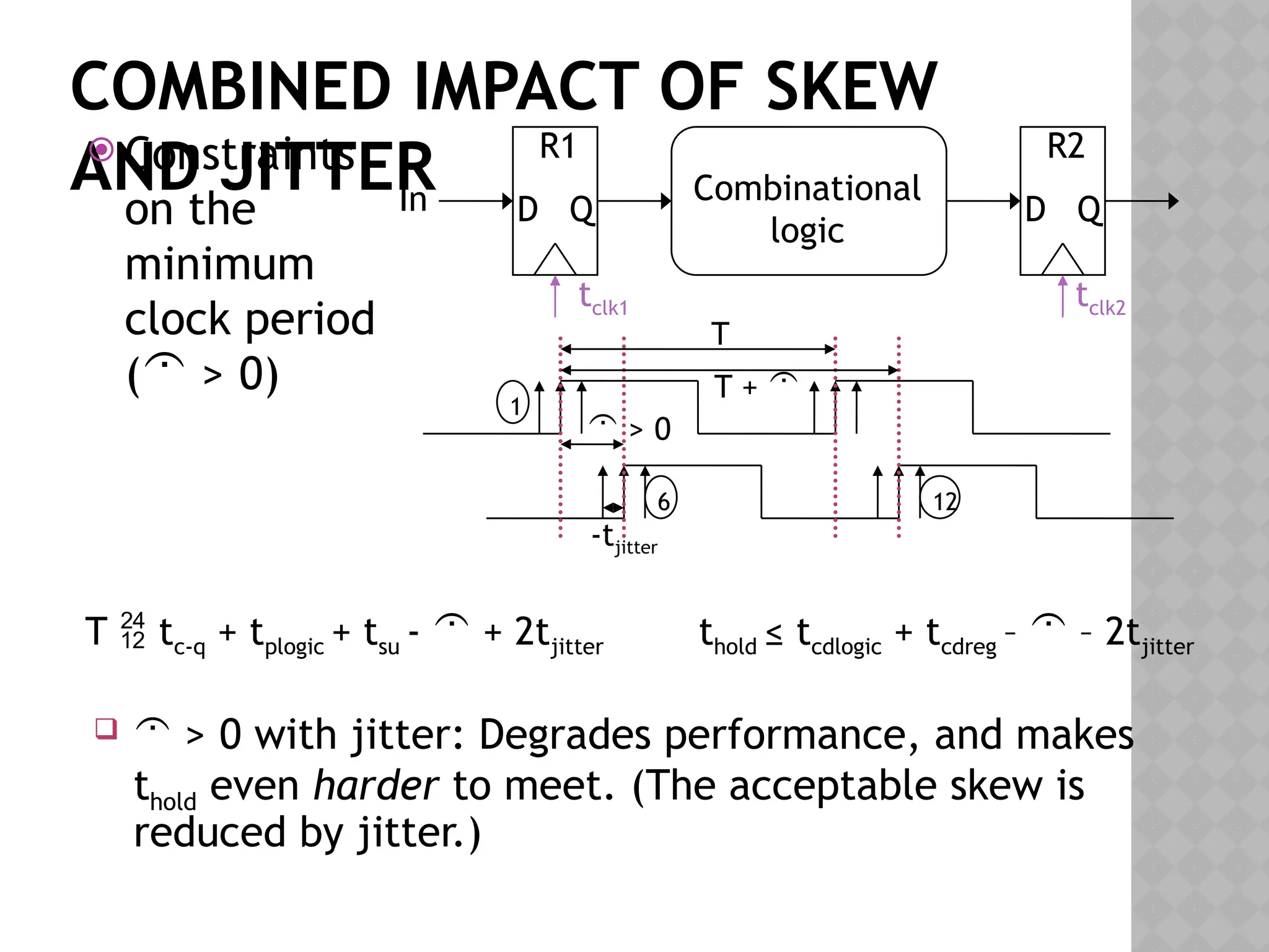COMBINED IMPACT OF SKEW
AND JITTER D Q
R1
Combinational
logic
D Q
R2
In
tclk1 tclk2
 Constraints
on the
minimum
clock period
( > 0)
  > 0 with jitter: Degrades performance, and makes
thold even harder to meet. (The acceptable skew is
reduced by jitter.)
T
T + 
 > 0
1
6 12
-tjitter
T  tc-q + tplogic + tsu -  + 2tjitter thold ≤ tcdlogic + tcdreg –  – 2tjitter
 