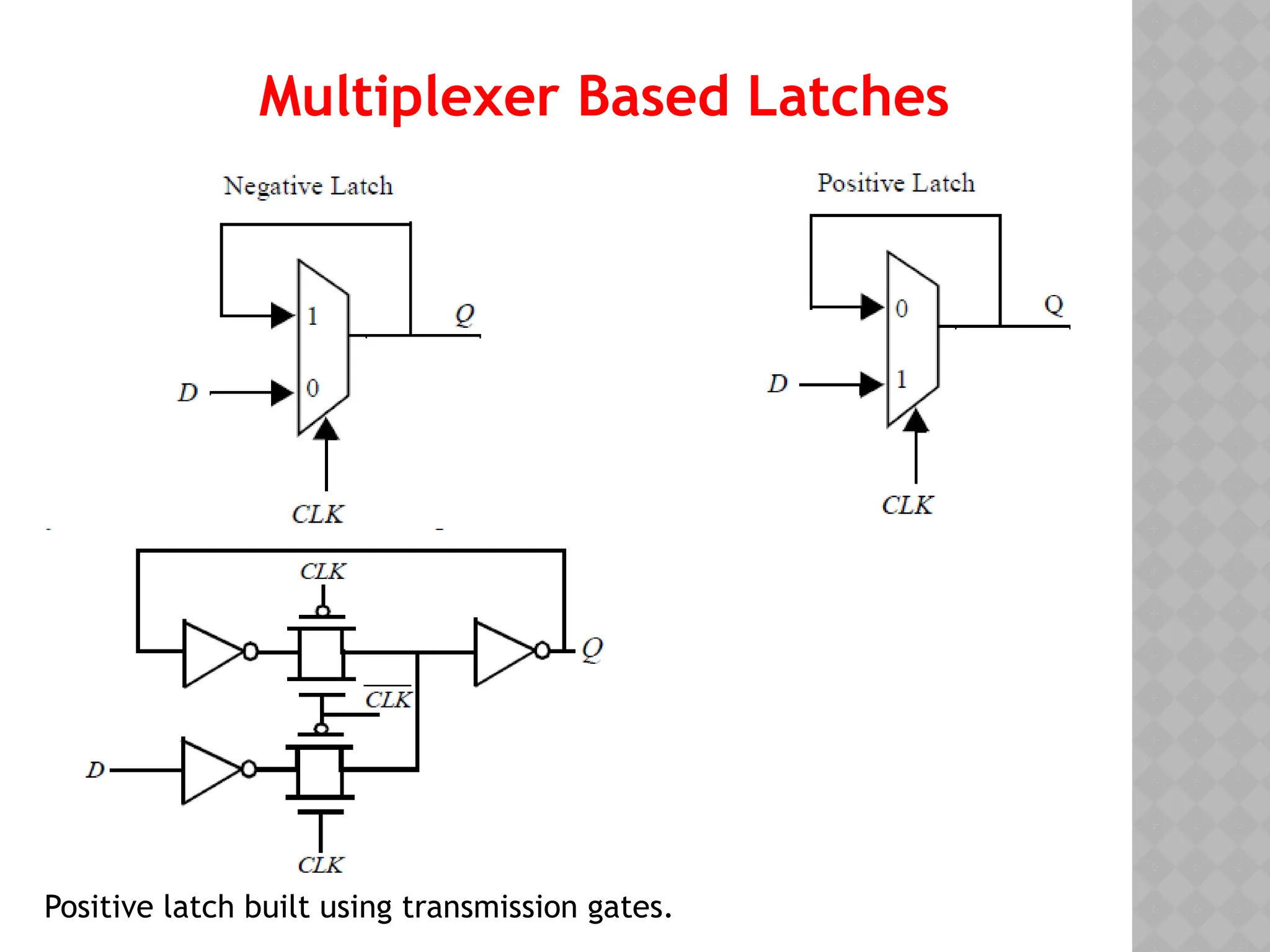 Multiplexer Based Latches
Positive latch built using transmission gates.
 