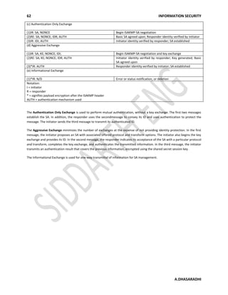 62 INFORMATION SECURITY
A.DHASARADHI
(c) Authentication Only Exchange
(1)IR: SA; NONCE Begin ISAKMP-SA negotiation
(2)RE: SA; NONCE; IDR; AUTH Basic SA agreed upon; Responder identity verified by initiator
(3)IR: IDI; AUTH Initiator identity verified by responder; SA established
(d) Aggressive Exchange
(1)IR: SA; KE; NONCE; IDI; Begin ISAKMP-SA negotiation and key exchange
(2)RE: SA; KE; NONCE; IDR; AUTH Initiator identity verified by responder; Key generated; Basic
SA agreed upon
(3)*IR: AUTH Responder identity verified by initiator; SA established
(e) Informational Exchange
(1)*IR: N/D Error or status notification, or deletion
Notation:
I = initiator
R = responder
* = signifies payload encryption after the ISAKMP header
AUTH = authentication mechanism used
The Authentication Only Exchange is used to perform mutual authentication, without a key exchange. The first two messages
establish the SA. In addition, the responder uses the secondmessage to convey its ID and uses authentication to protect the
message. The initiator sends the third message to transmit its authenticated ID.
The Aggressive Exchange minimizes the number of exchanges at the expense of not providing identity protection. In the first
message, the initiator proposes an SA with associated offered protocol and transform options. The initiator also begins the key
exchange and provides its ID. In the second message, the responder indicates its acceptance of the SA with a particular protocol
and transform, completes the key exchange, and authenticates the transmitted information. In the third message, the initiator
transmits an authentication result that covers the previous information, encrypted using the shared secret session key.
The Informational Exchange is used for one-way transmittal of information for SA management.
 