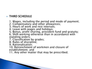  THIRD SCHEDULE
1. Wages, including the period and mode of payment;
2. Compensatory and other allowances;
3. Hours of work and rest intervals;
4. Leave with wages and holidays;
5. Bonus, profit sharing, provident fund and gratuity;
6. Shift working otherwise than in accordance with
standing orders;
7. Classification by grades;
8. Rules of discipline;
9. Rationalisation;
10. Retrenchment of workmen and closure of
establishment; and
11. Any other matter that may be prescribed.
 