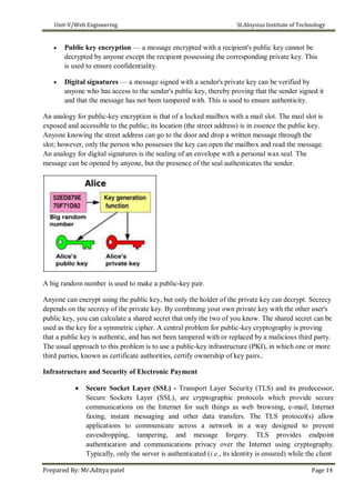 Unit-V/Web Engineering St.Aloysius Institute of Technology
 Public key encryption — a message encrypted with a recipient's public key cannot be
decrypted by anyone except the recipient possessing the corresponding private key. This
is used to ensure confidentiality.

 Digital signatures — a message signed with a sender's private key can be verified by
anyone who has access to the sender's public key, thereby proving that the sender signed it
and that the message has not been tampered with. This is used to ensure authenticity.
An analogy for public-key encryption is that of a locked mailbox with a mail slot. The mail slot is
exposed and accessible to the public; its location (the street address) is in essence the public key.
Anyone knowing the street address can go to the door and drop a written message through the
slot; however, only the person who possesses the key can open the mailbox and read the message.
An analogy for digital signatures is the sealing of an envelope with a personal wax seal. The
message can be opened by anyone, but the presence of the seal authenticates the sender.
A big random number is used to make a public-key pair.
Anyone can encrypt using the public key, but only the holder of the private key can decrypt. Secrecy
depends on the secrecy of the private key. By combining your own private key with the other user's
public key, you can calculate a shared secret that only the two of you know. The shared secret can be
used as the key for a symmetric cipher. A central problem for public-key cryptography is proving
that a public key is authentic, and has not been tampered with or replaced by a malicious third party.
The usual approach to this problem is to use a public-key infrastructure (PKI), in which one or more
third parties, known as certificate authorities, certify ownership of key pairs..
Infrastructure and Security of Electronic Payment
 Secure Socket Layer (SSL) - Transport Layer Security (TLS) and its predecessor,
Secure Sockets Layer (SSL), are cryptographic protocols which provide secure
communications on the Internet for such things as web browsing, e-mail, Internet
faxing, instant messaging and other data transfers. The TLS protocol(s) allow
applications to communicate across a network in a way designed to prevent
eavesdropping, tampering, and message forgery. TLS provides endpoint
authentication and communications privacy over the Internet using cryptography.
Typically, only the server is authenticated (i.e., its identity is ensured) while the client
Prepared By: Mr.Aditya patel Page 14
 
