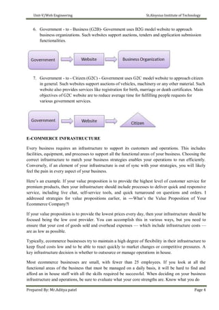 Unit-V/Web Engineering St.Aloysius Institute of Technology
6. Government - to - Business (G2B)- Government uses B2G model website to approach
business organizations. Such websites support auctions, tenders and application submission
functionalities.
7. Government - to - Citizen (G2C) - Government uses G2C model website to approach citizen
in general. Such websites support auctions of vehicles, machinery or any other material. Such
website also provides services like registration for birth, marriage or death certificates. Main
objectives of G2C website are to reduce average time for fulfilling people requests for
various government services.
E-COMMERCE INFRASTRUCTURE
Every business requires an infrastructure to support its customers and operations. This includes
facilities, equipment, and processes to support all the functional areas of your business. Choosing the
correct infrastructure to match your business strategies enables your operations to run efficiently.
Conversely, if an element of your infrastructure is out of sync with your strategies, you will likely
feel the pain in every aspect of your business.
Here’s an example. If your value proposition is to provide the highest level of customer service for
premium products, then your infrastructure should include processes to deliver quick and responsive
service, including live chat, self-service tools, and quick turnaround on questions and orders. I
addressed strategies for value propositions earlier, in ―What’s the Value Proposition of Your
Ecommerce Company?‖
If your value proposition is to provide the lowest prices every day, then your infrastructure should be
focused being the low cost provider. You can accomplish this in various ways, but you need to
ensure that your cost of goods sold and overhead expenses — which include infrastructure costs —
are as low as possible.
Typically, ecommerce businesses try to maintain a high degree of flexibility in their infrastructure to
keep fixed costs low and to be able to react quickly to market changes or competitive pressures. A
key infrastructure decision is whether to outsource or manage operations in house.
Most ecommerce businesses are small, with fewer than 25 employees. If you look at all the
functional areas of the business that must be managed on a daily basis, it will be hard to find and
afford an in house staff with all the skills required be successful. When deciding on your business
infrastructure and operations, be sure to evaluate what your core strengths are. Know what you do
Prepared By: Mr.Aditya patel Page 4
 