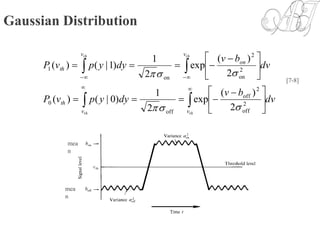 Gaussian Distribution
dv
bv
dyypvP
dv
bv
dyypvP
thth
thth
vv
th
v
on
v
th









 






 

2
off
2
off
off
0
2
on
2
on
1
2
)(
exp
2
1
)0|()(
2
)(
exp
2
1
)1|()(


mea
n
mea
n
[7-8]
 