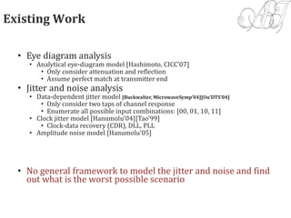 Existing Work
• Eye diagram analysis
• Analytical eye-diagram model [Hashimoto, CICC’07]
• Only consider attenuation and reflection
• Assume perfect match at transmitter end
• Jitter and noise analysis
• Data-dependent jitter model [Buckwalter, MicrowaveSymp’04][Ou’DTS’04]
• Only consider two taps of channel response
• Enumerate all possible input combinations: [00, 01, 10, 11]
• Clock jitter model [Hanumolu’04][Tao’99]
• Clock-data recovery (CDR), DLL, PLL
• Amplitude noise model [Hanumolu’05]
• No general framework to model the jitter and noise and find
out what is the worst possible scenario
 