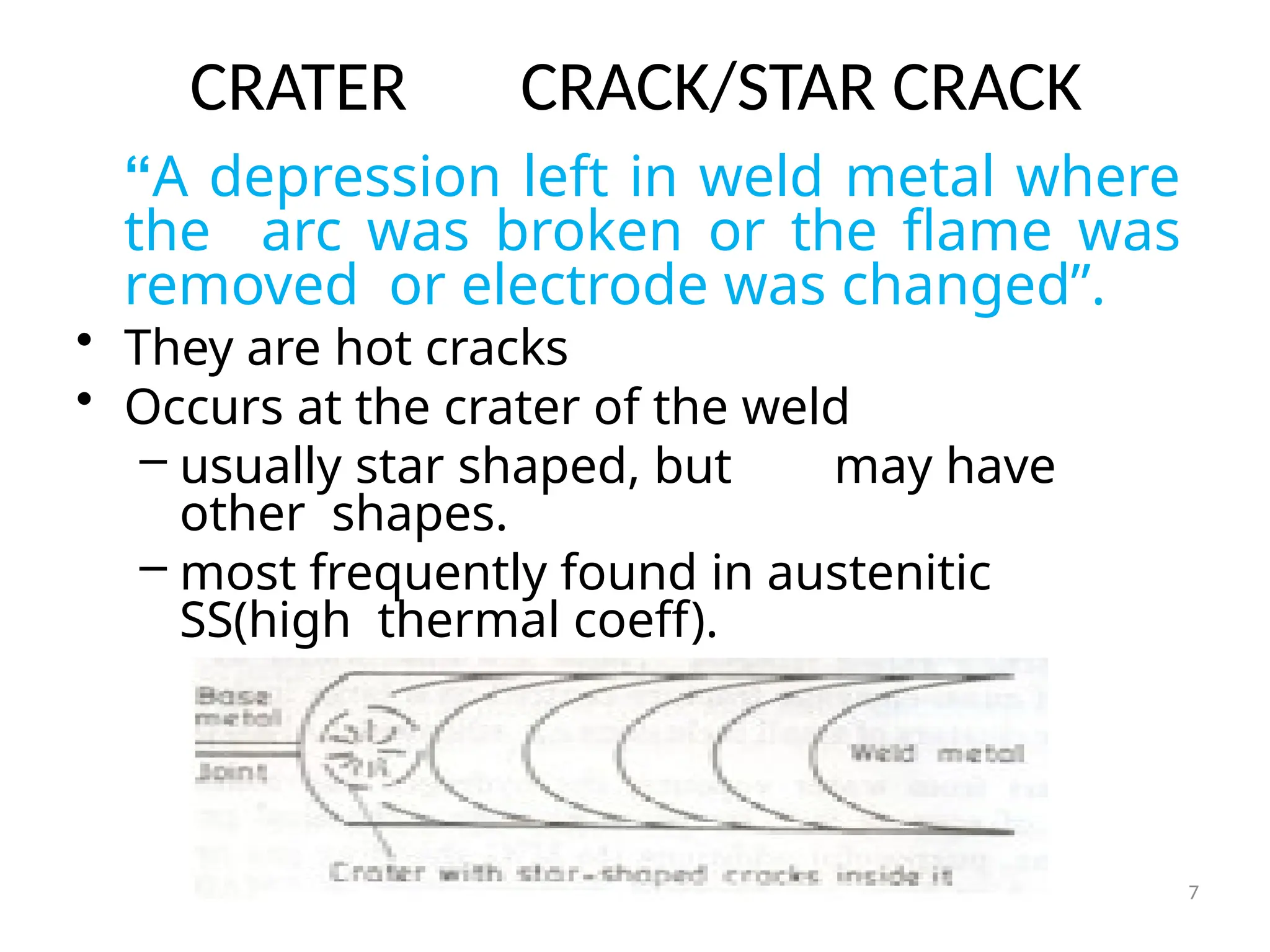 CRATER CRACK/STAR CRACK
“A depression left in weld metal where
the arc was broken or the flame was
removed or electrode was changed”.
• They are hot cracks
• Occurs at the crater of the weld
– usually star shaped, but may have
other shapes.
– most frequently found in austenitic
SS(high thermal coeff).
7
 