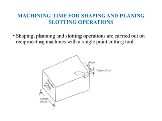 MACHINING TIME FOR SHAPING AND PLANING
SLOTTING OPERATIONS
• Shaping, planning and slotting operations are carried out on
reciprocating machines with a single point cutting tool.
 