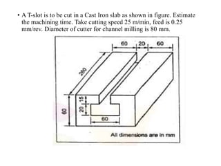 • A T-slot is to be cut in a Cast Iron slab as shown in figure. Estimate
the machining time. Take cutting speed 25 m/min, feed is 0.25
mm/rev. Diameter of cutter for channel milling is 80 mm.
 