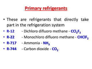 Primary refrigerants
• These are refrigerants that directly take
part in the refrigeration system
• R-12 - Dichloro difluoro methane - CCl2F2
• R-22 - Monochloro difluoro methane - CHClF2
• R-717 - Ammonia - NH3
• R-744 - Carbon dioxide - CO2
 