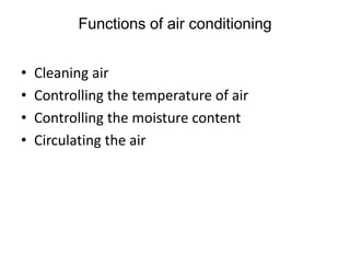 Functions of air conditioning
• Cleaning air
• Controlling the temperature of air
• Controlling the moisture content
• Circulating the air
 