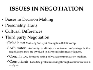 ISSUES IN NEGOTIATION
• Biases in Decision Making
• Personality Traits
• Cultural Differences
• Third party Negotiation
Mediator: Mutually Satisfy & Strengthen Relationship
Arbitrator: Authority to dictate an outcome. Advantage is that
negotiations they are involved in always results in a settlement.
Conciliator: Someone acting only as a communication medium.
Consultant: Facilitate problem solving through communication &
analysis.
 