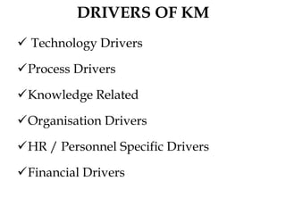 DRIVERS OF KM
 Technology Drivers
Process Drivers
Knowledge Related
Organisation Drivers
HR / Personnel Specific Drivers
Financial Drivers
 