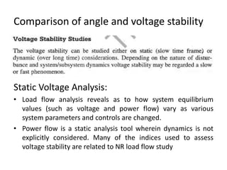 Comparison of angle and voltage stability
Static Voltage Analysis:
• Load flow analysis reveals as to how system equilibrium
values (such as voltage and power flow) vary as various
system parameters and controls are changed.
• Power flow is a static analysis tool wherein dynamics is not
explicitly considered. Many of the indices used to assess
voltage stability are related to NR load flow study
 