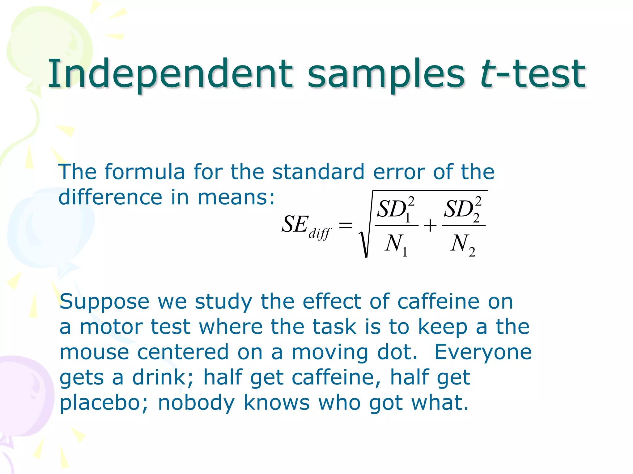 Independent samples t-test
The formula for the standard error of the
difference in means:
2
2
2
1
2
1
N
SD
N
SD
SEdiff 

Suppose we study the effect of caffeine on
a motor test where the task is to keep a the
mouse centered on a moving dot. Everyone
gets a drink; half get caffeine, half get
placebo; nobody knows who got what.
 
