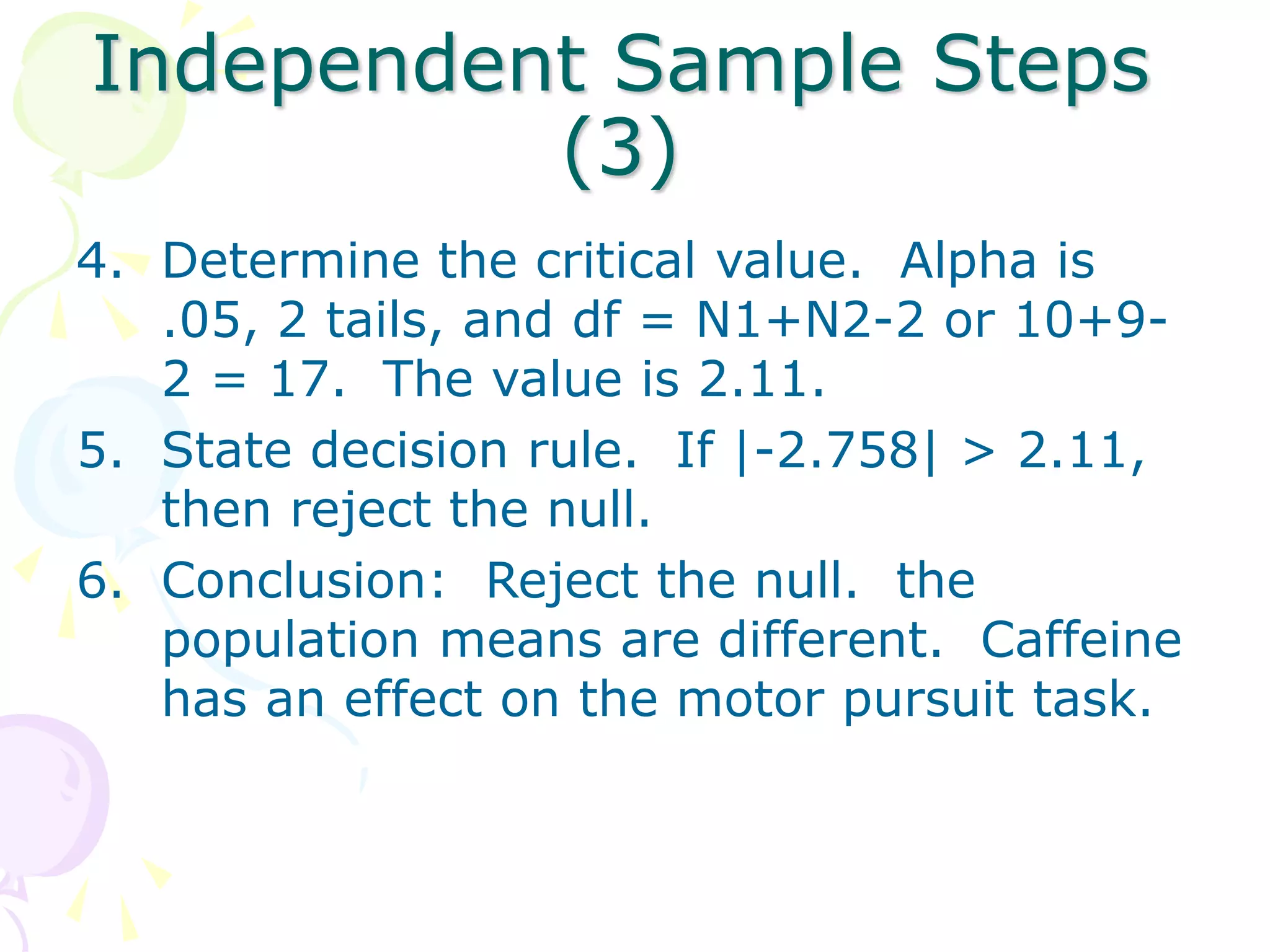 Independent Sample Steps
(3)
4. Determine the critical value. Alpha is
.05, 2 tails, and df = N1+N2-2 or 10+9-
2 = 17. The value is 2.11.
5. State decision rule. If |-2.758| > 2.11,
then reject the null.
6. Conclusion: Reject the null. the
population means are different. Caffeine
has an effect on the motor pursuit task.
 