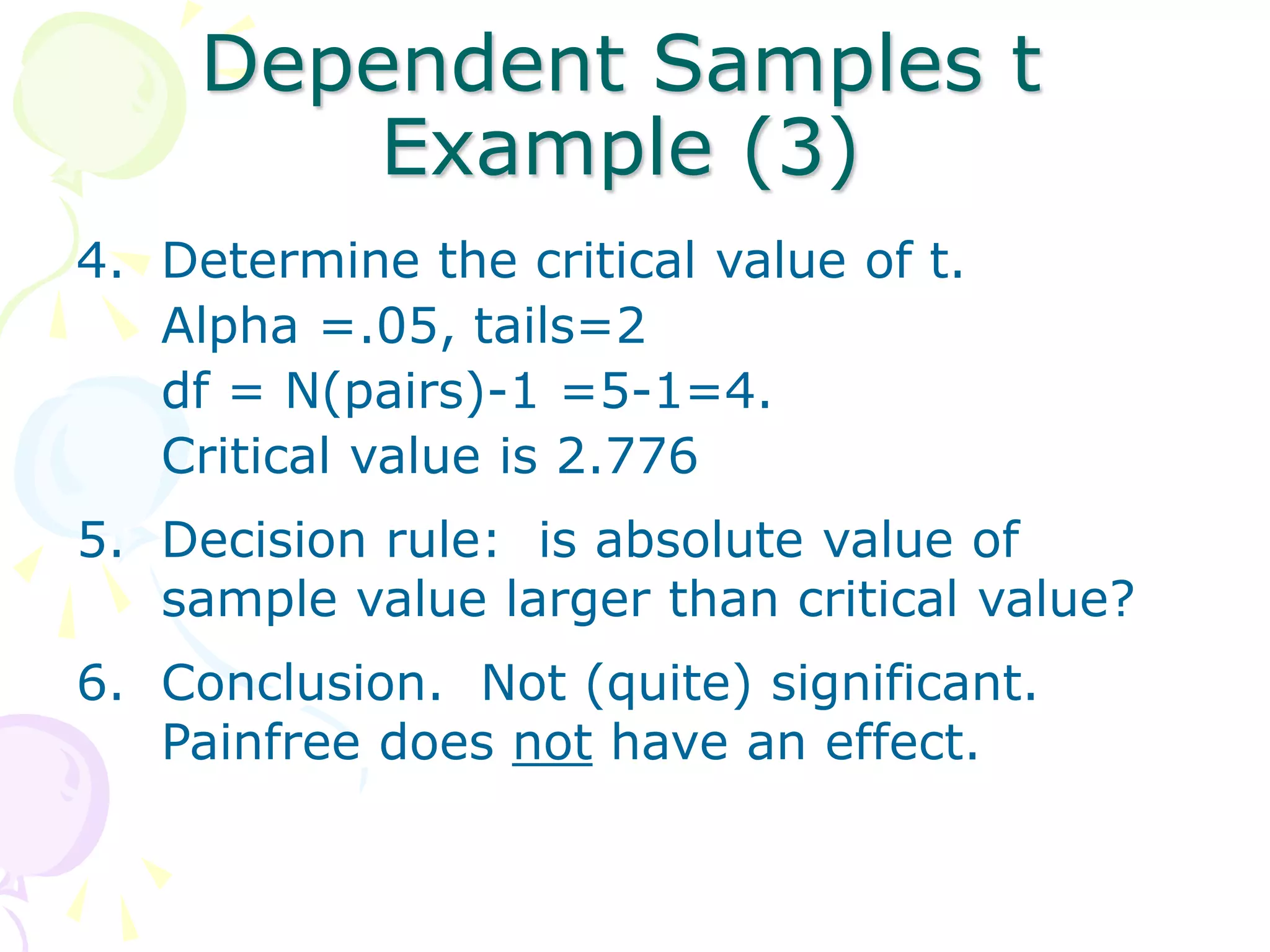 Dependent Samples t
Example (3)
4. Determine the critical value of t.
Alpha =.05, tails=2
df = N(pairs)-1 =5-1=4.
Critical value is 2.776
5. Decision rule: is absolute value of
sample value larger than critical value?
6. Conclusion. Not (quite) significant.
Painfree does not have an effect.
 