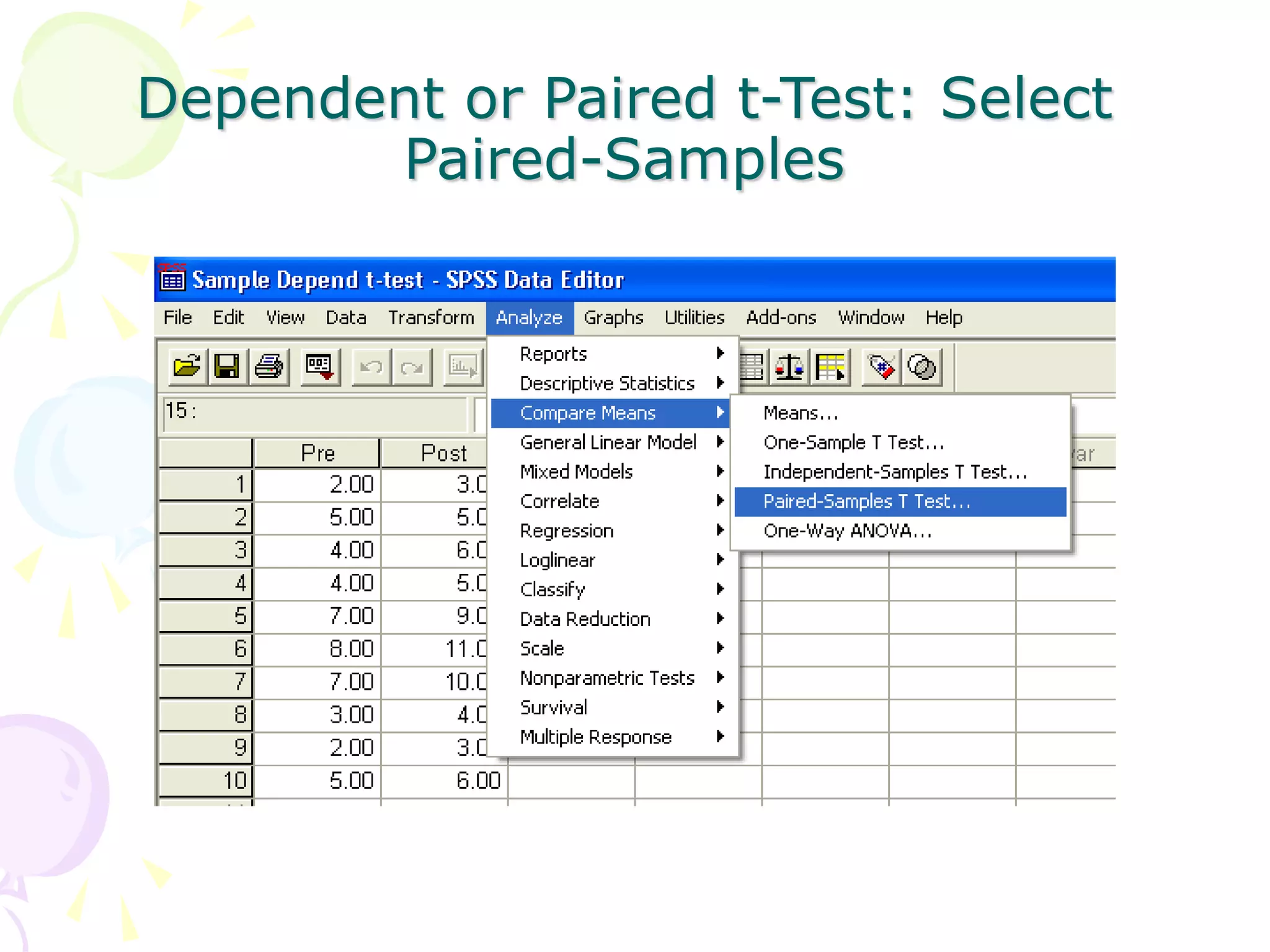 Dependent or Paired t-Test: Select
Paired-Samples
 