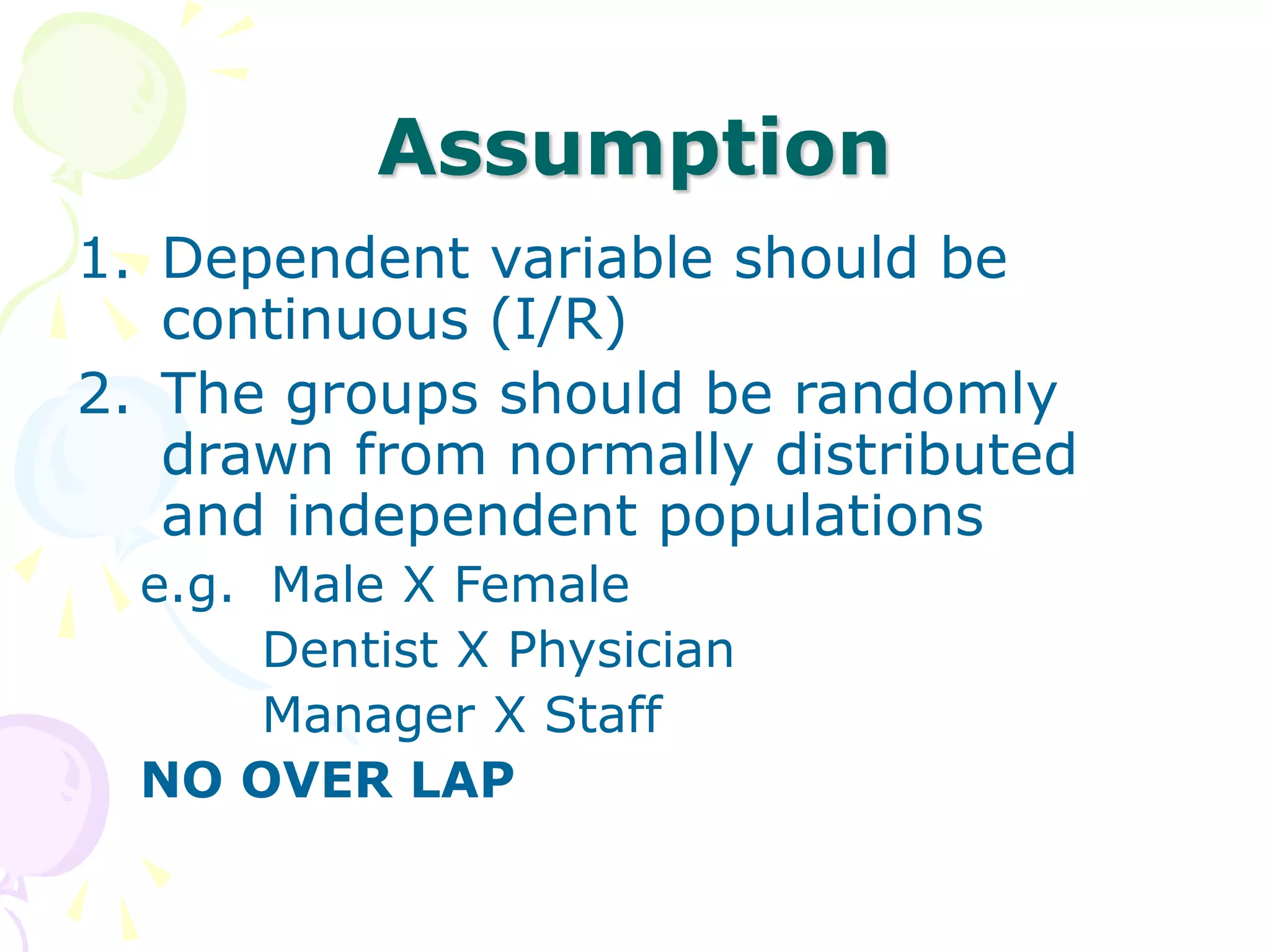 Assumption
1. Dependent variable should be
continuous (I/R)
2. The groups should be randomly
drawn from normally distributed
and independent populations
e.g. Male X Female
Dentist X Physician
Manager X Staff
NO OVER LAP
 