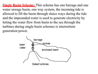 Single Basin Scheme: This scheme has one barrage and one
water storage basin, one way system, the incoming tide is
allowed to fill the basin through sluice ways during the tide
and the impounded water is used to generate electricity by
letting the water flow from basin to the sea through the
turbines during single basin schemes is intermittent
generation power.
 