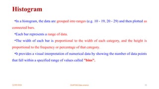 12/09/2024 22UIT303-Data science 32
Histogram
•In a histogram, the data are grouped into ranges (e.g. 10 - 19, 20 - 29) and then plotted as
connected bars.
•Each bar represents a range of data.
•The width of each bar is proportional to the width of each category, and the height is
proportional to the frequency or percentage of that category.
•It provides a visual interpretation of numerical data by showing the number of data points
that fall within a specified range of values called "bins".
 