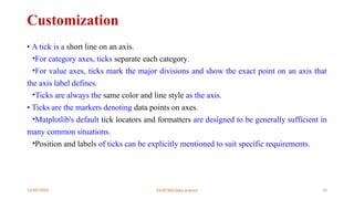 12/09/2024 22UIT303-Data science 50
Customization
• A tick is a short line on an axis.
•For category axes, ticks separate each category.
•For value axes, ticks mark the major divisions and show the exact point on an axis that
the axis label defines.
•Ticks are always the same color and line style as the axis.
• Ticks are the markers denoting data points on axes.
•Matplotlib's default tick locators and formatters are designed to be generally sufficient in
many common situations.
•Position and labels of ticks can be explicitly mentioned to suit specific requirements.
 