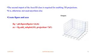 12/09/2024 22UIT303-Data science 56
•The second import of the Axes3D class is required for enabling 3D projections.
•It is, otherwise, not used anywhere else.
•Create figure and axes
fig = plt.figure(figsize=(4,4))
ax = fig.add_subplot(111, projection='3d')
 