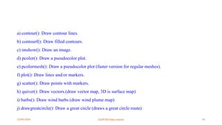 12/09/2024 22UIT303-Data science 60
a) contour(): Draw contour lines.
b) contourf(): Draw filled contours.
c) imshow(): Draw an image.
d) pcolor(): Draw a pseudocolor plot.
e) pcolormesh(): Draw a pseudocolor plot (faster version for regular meshes).
f) plot(): Draw lines and/or markers.
g) scatter(): Draw points with markers.
h) quiver(): Draw vectors.(draw vector map, 3D is surface map)
i) barbs(): Draw wind barbs (draw wind plume map)
j) drawgreatcircle(): Draw a great circle (draws a great circle route)
 